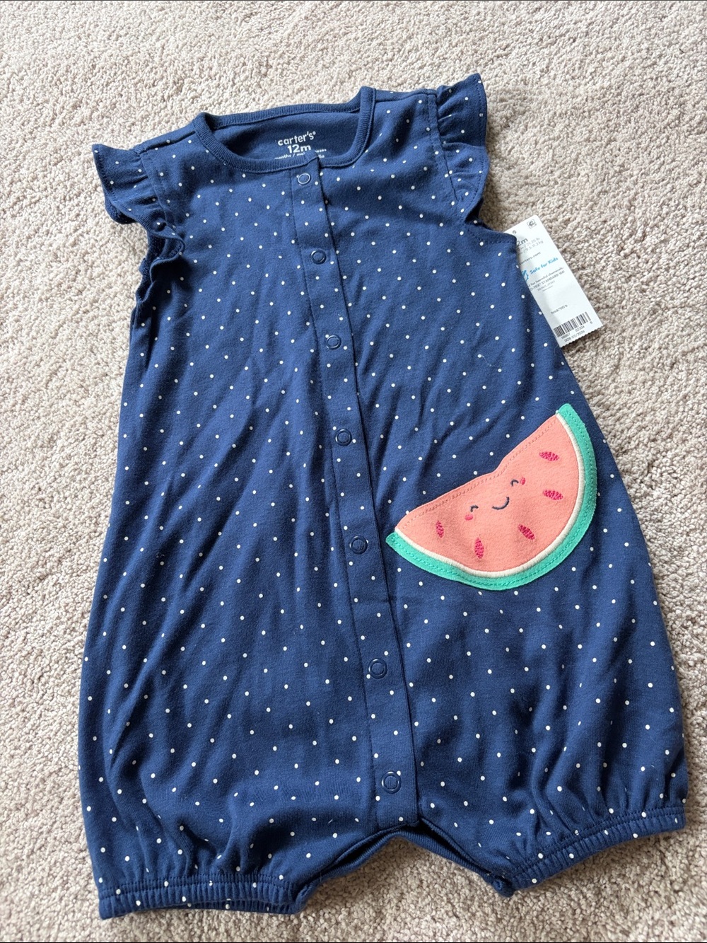 Carter's Navy Polka Dot Romper with Watermelon Applique